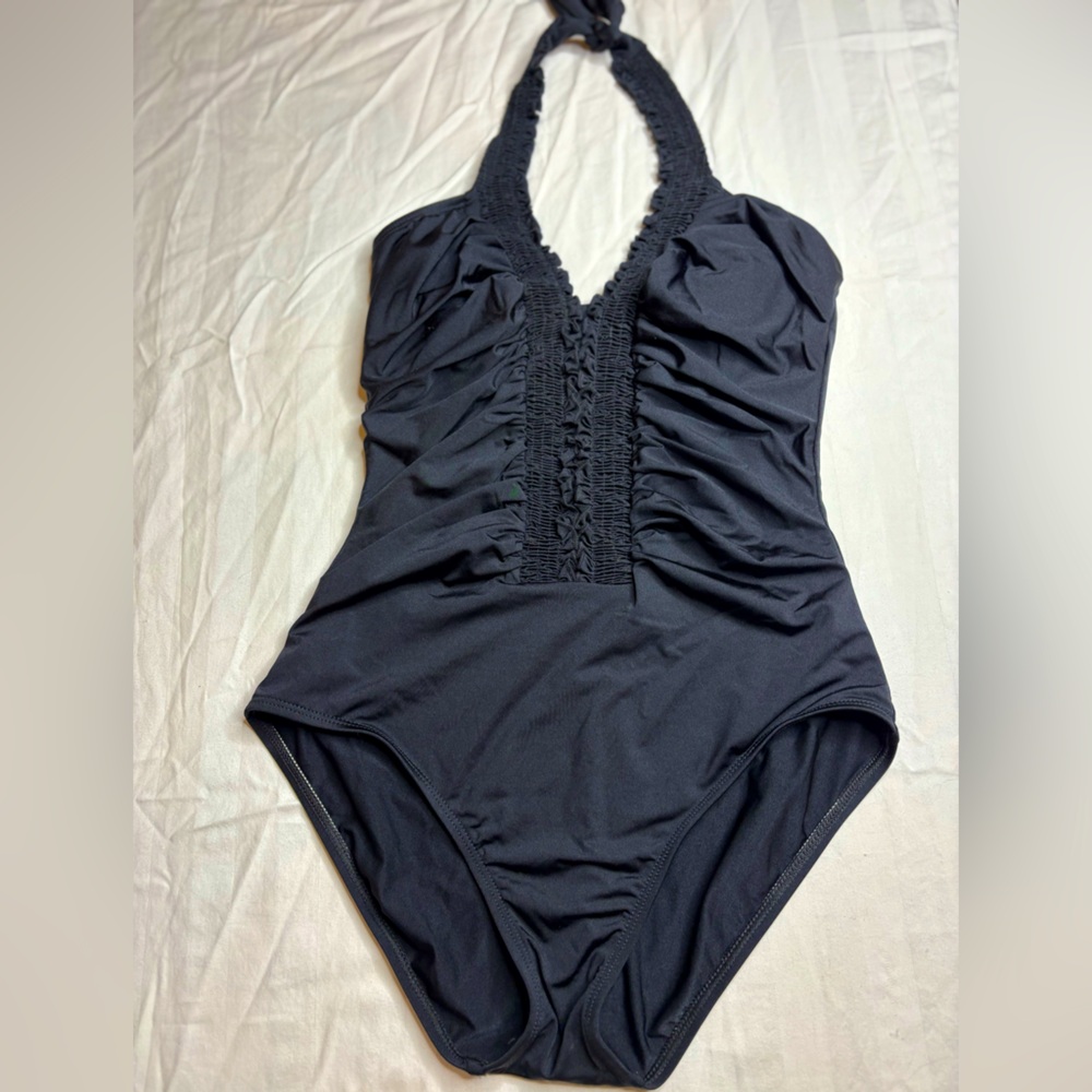 Kenneth Cole black halter top one piece swim suit with tummy control